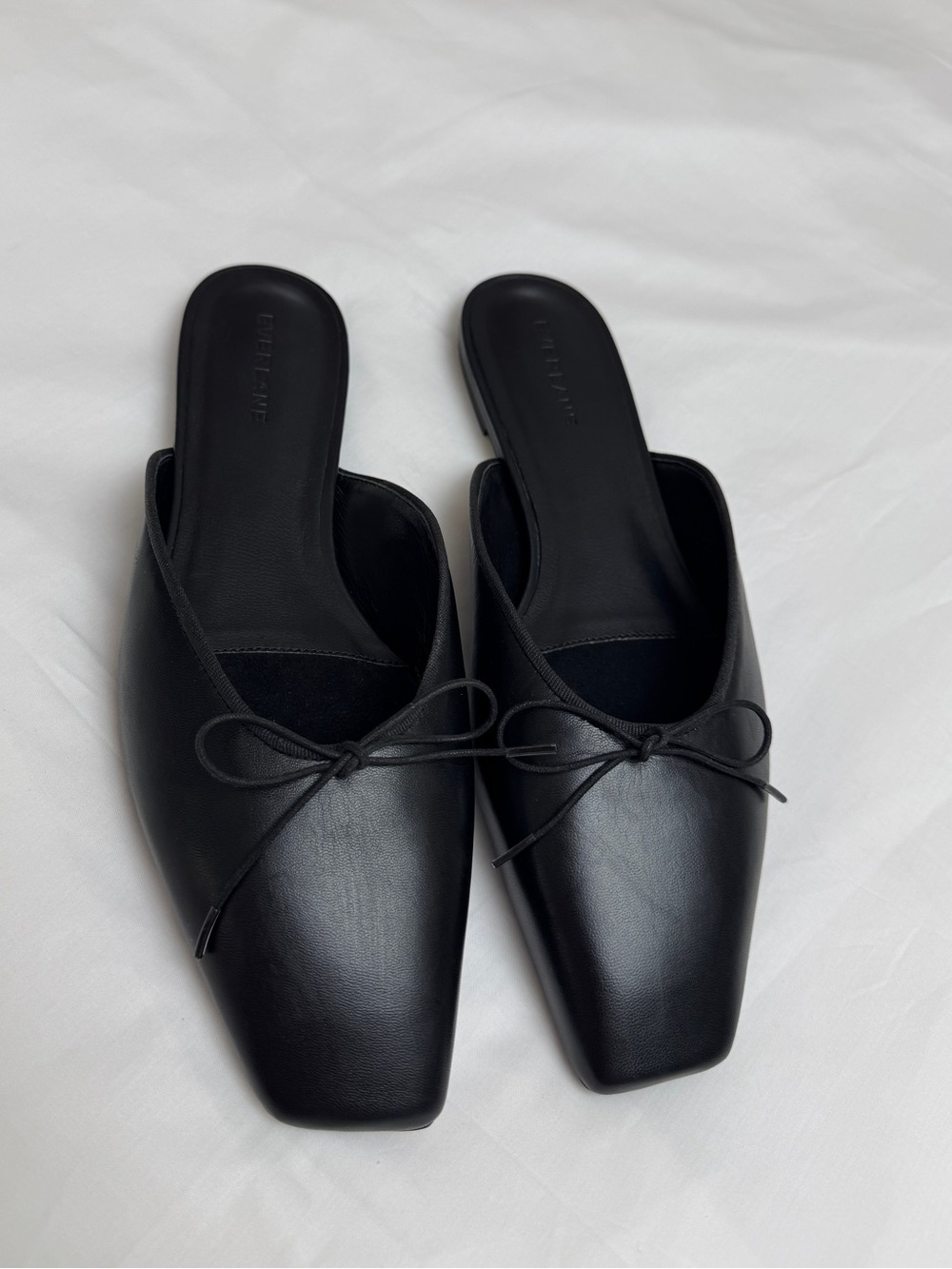 Everlane Black Leather Ballet Mule Flats Size 9 Minimalist Square Toe Bow - Picture 10 of 13